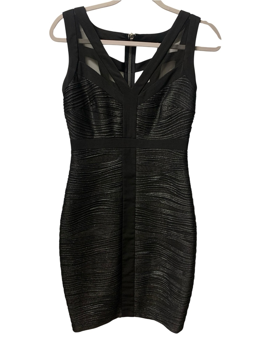 JAX Metallic Shimmer Textured Bodycon
Dress Black Illusion Mesh Size 2 Lined